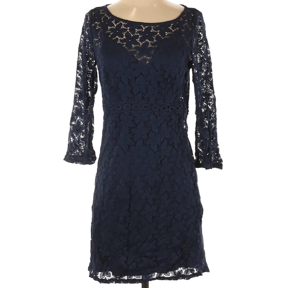 Laundry by Shelli Segal Navy Blue Floral Lace 3/4 Length sleeve Mini Dress sz 4